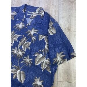 Batik‎ Bay Washable Silk Beach Floral Palm Tree Short Sleeve 2XL Button Up Blue